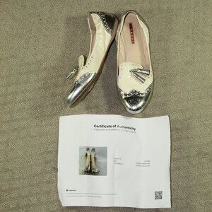 Prada Women's Size 9 / 40.5 Off White Silver Elastic Opening Flats
